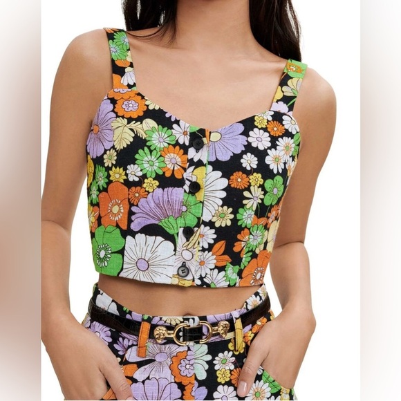NWT MAJE Flower Power 100% Cotton Crop Button Tank Adjustable Strap Hippie Peace - Picture 1 of 12